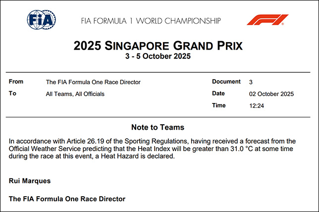 FIA впервые предупредила команды о жаре